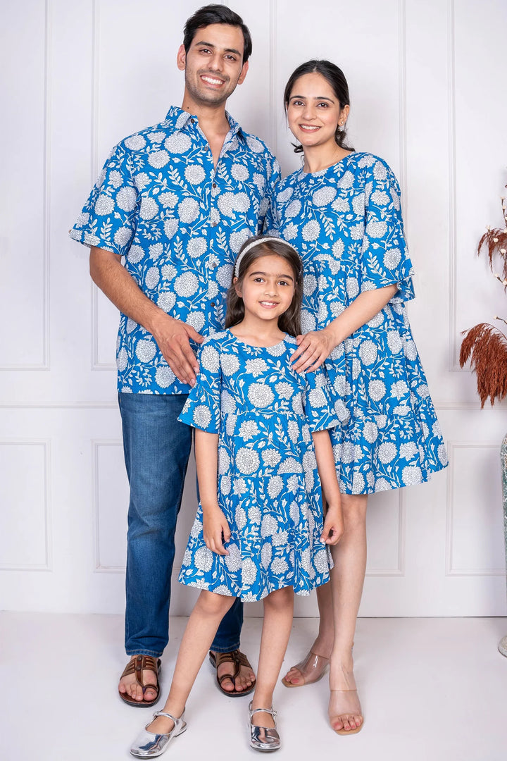 Blue Floral Printed Dress With Matching Shirt Family set
