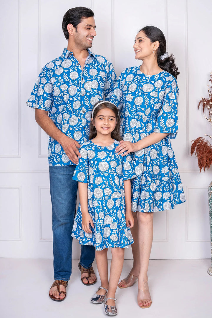 Blue Floral Printed Dress With Matching Shirt Family set
