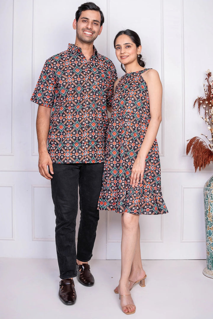 purple Geometric Printed Dress With Matching Shirt Couple Twin Set