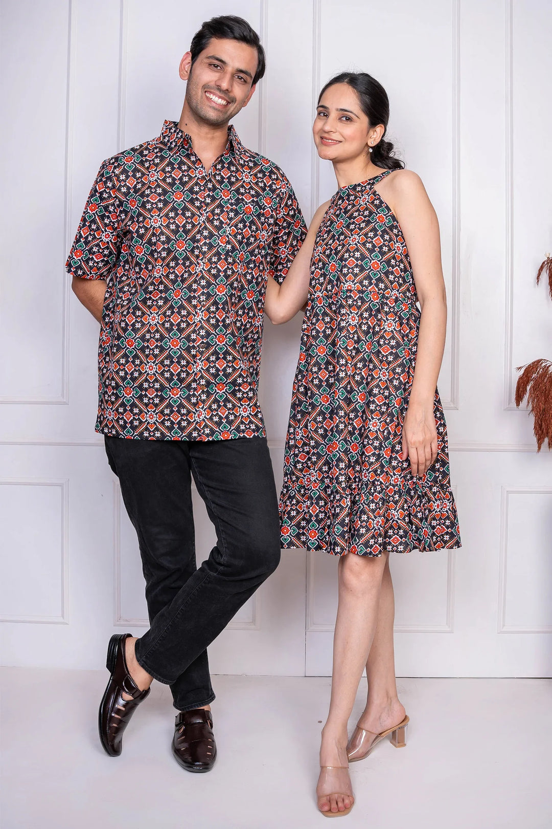 purple Geometric Printed Dress With Matching Shirt Couple Twin Set