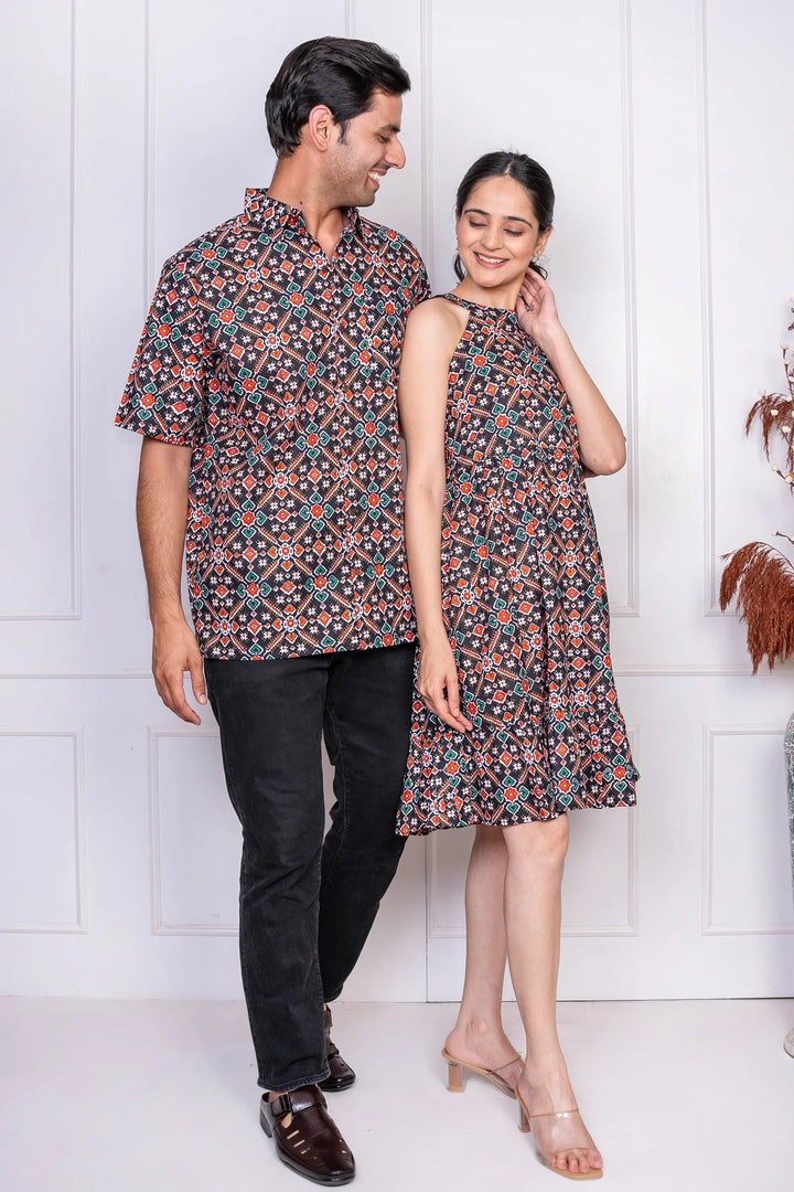 purple Geometric Printed Dress With Matching Shirt Couple Twin Set