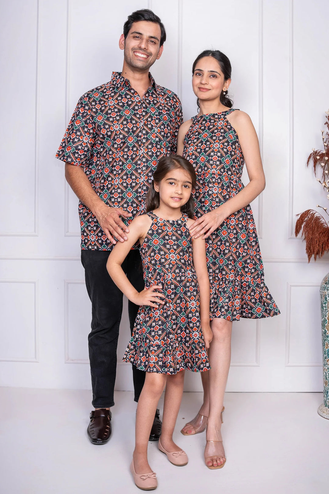 Black Geometric Printed Dress With Matching Shirt Family set
