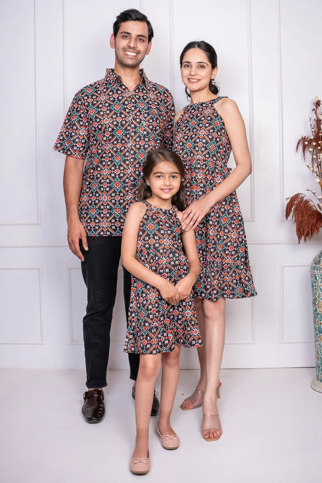 Black Geometric Printed Dress With Matching Shirt Family set