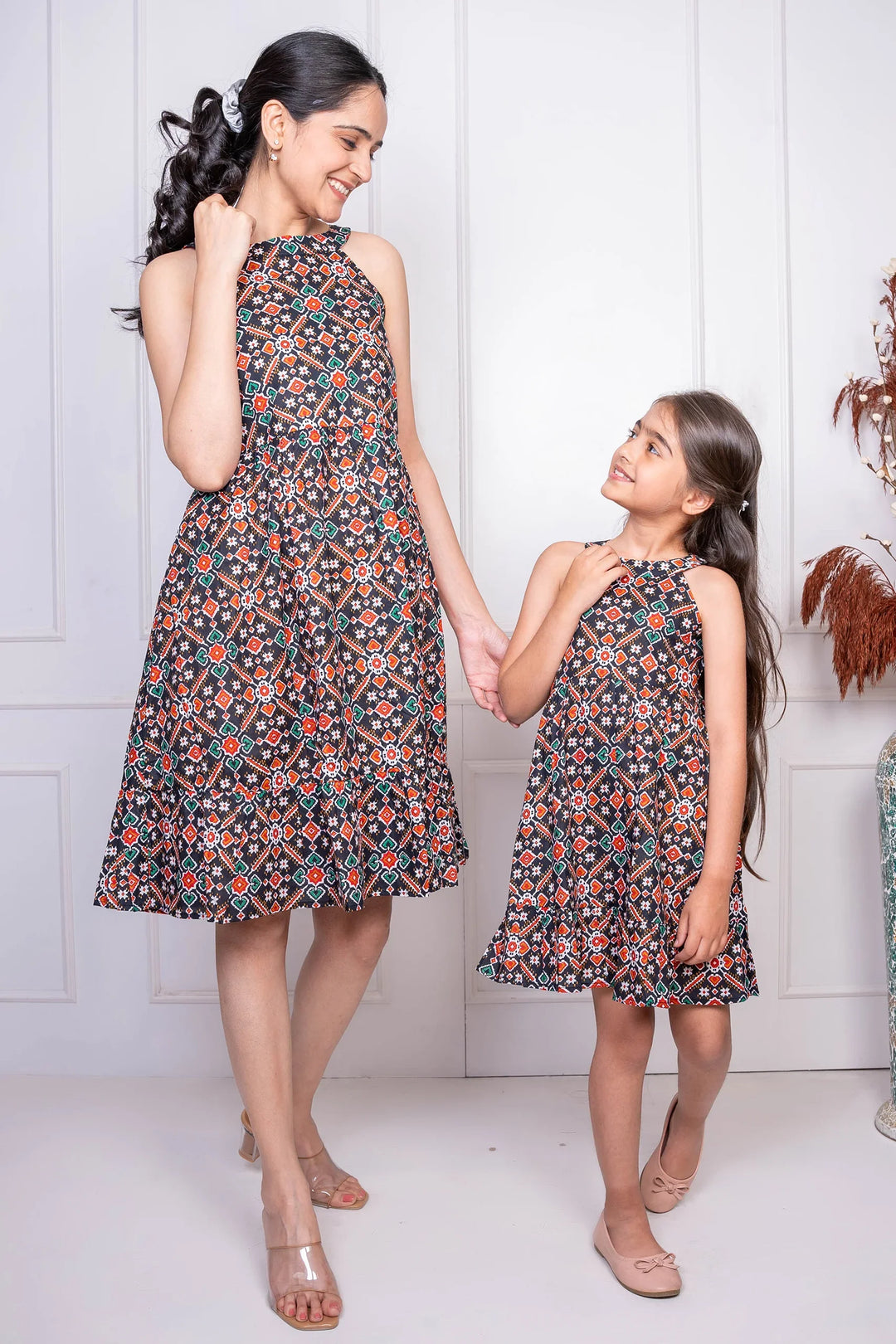 Dusty Purple Geometric Printed Matching Dresses for Mom and Daughter