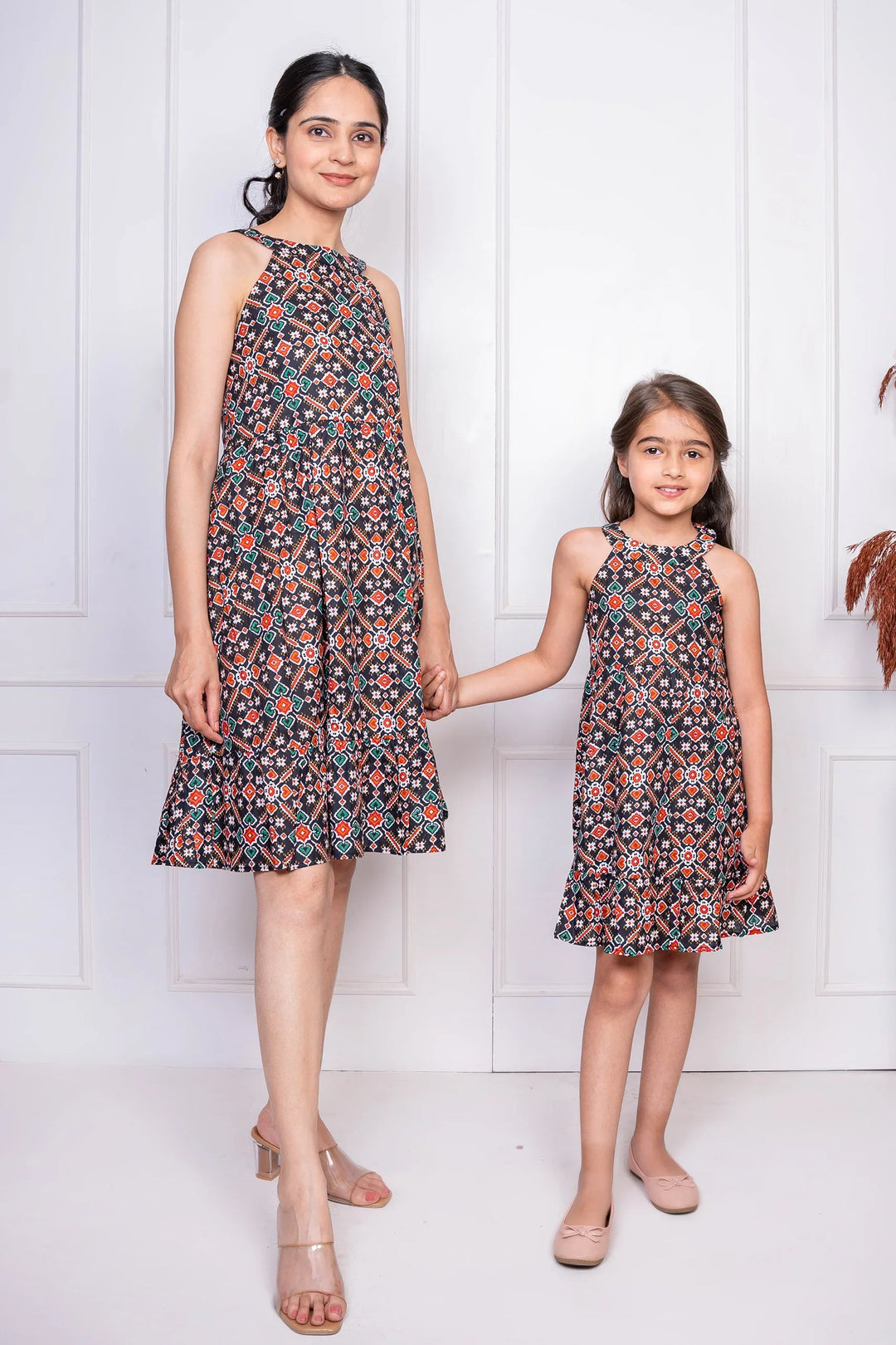 Dusty Purple Geometric Printed Matching Dresses for Mom and Daughter