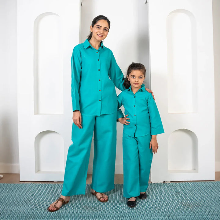 Comfy Cotton Matching Outfits - Mom & Daughter Teal Blue Co-Ord Set