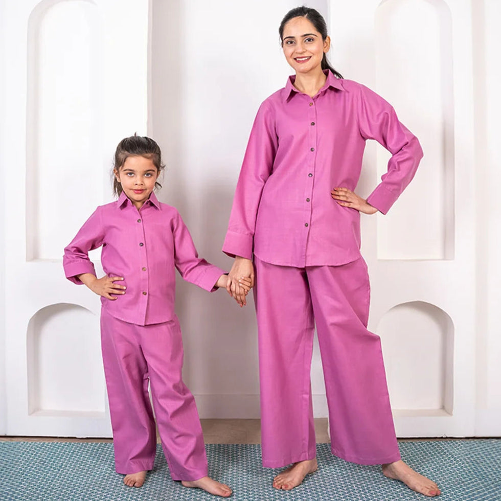 Summer Vacation Essentials: Purple Cotton Matching Outfits for Mom and Daughter: Pant and Shirt Co-Ord Set