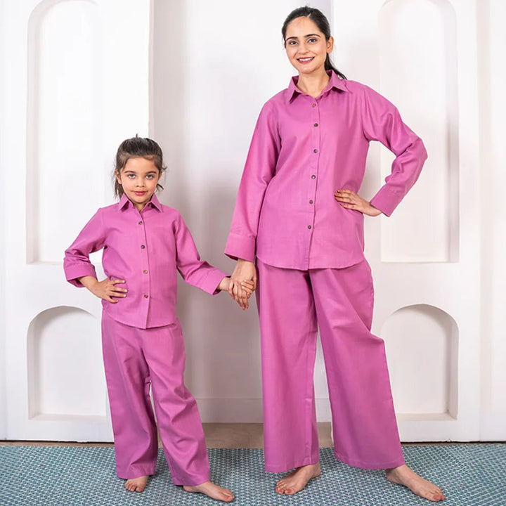 Summer Vacation Essentials: Purple Cotton Matching Outfits for Mom and Daughter: Pant and Shirt Co-Ord Set