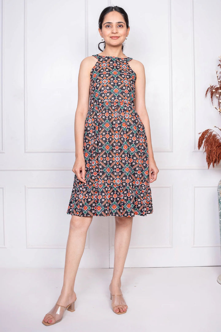 Black Geometric Printed Dress With Matching Shirt Family set
