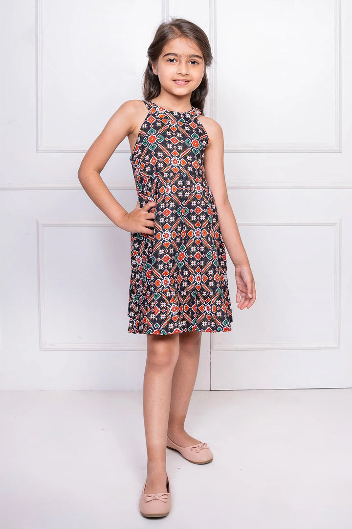 Black Geometric Printed Dress With Matching Shirt Family set