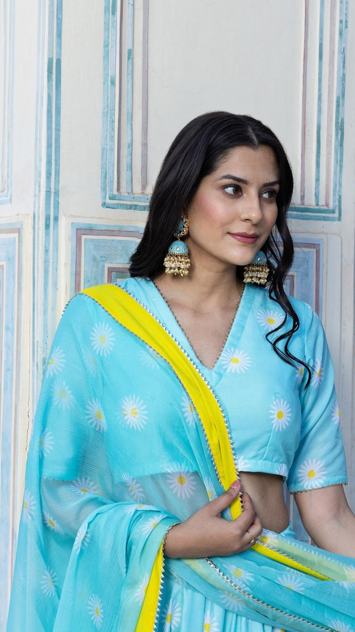Signature Elegance Unveiled | Blue Muslin Lehenga & Chiffon Dupatta