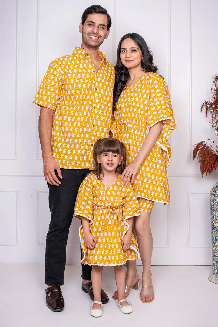 Mustard Elephant Printed Kaftan With Matching Shirt Family set