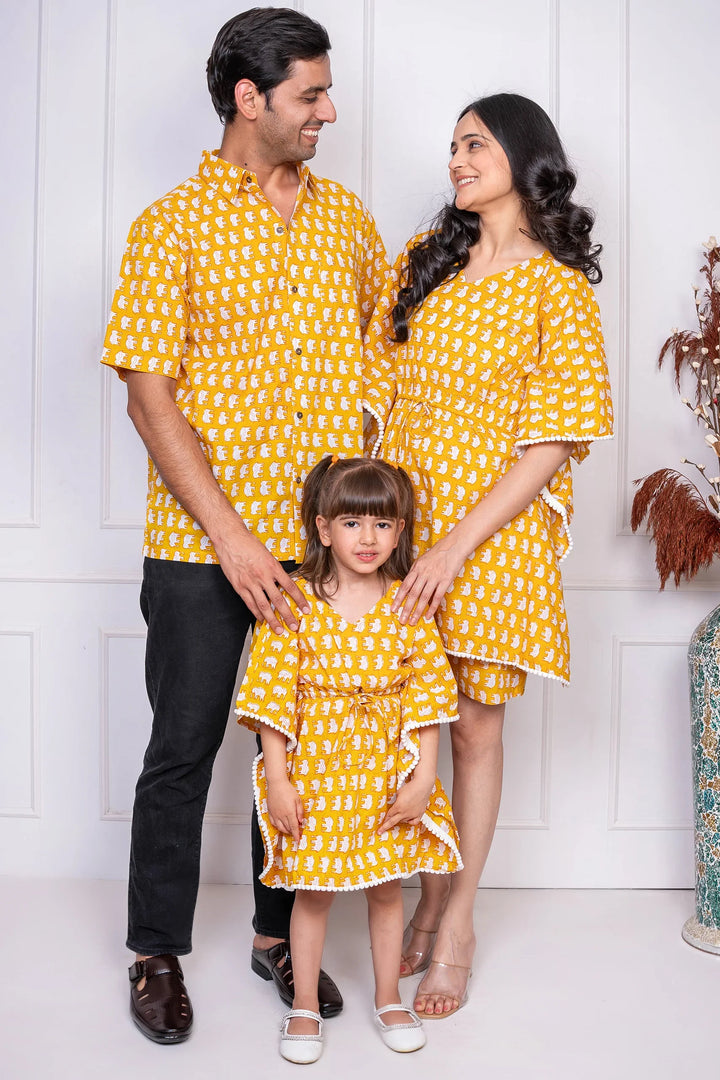 Mustard Elephant Printed Kaftan With Matching Shirt Family set
