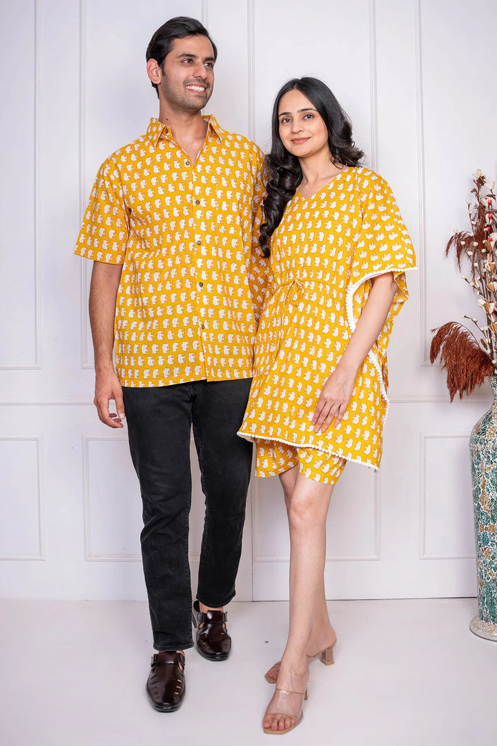 Mustard Elephant Printed Kaftan With Matching Shirt Couple Twin Set