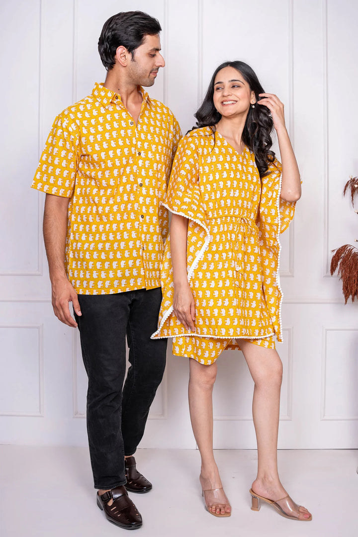 Mustard Elephant Printed Kaftan With Matching Shirt Couple Twin Set