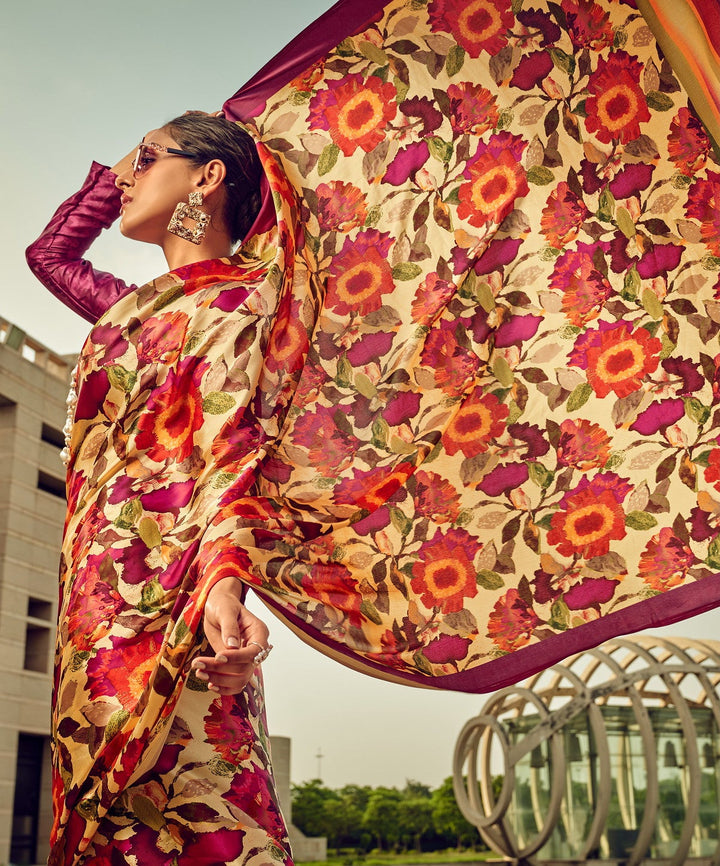 Luxurious Multicolor Satin Crepe Silk Saree | Indian Saree for Festive Occasions