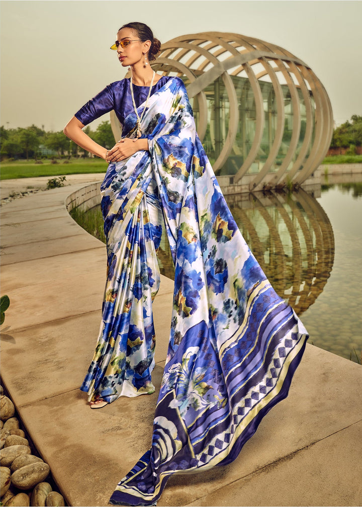 Graceful Blue Satin Crepe Silk Saree | Stunning Indian Sari for Occasions