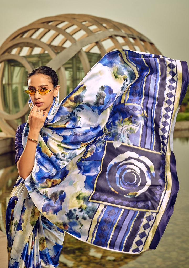 Graceful Blue Satin Crepe Silk Saree | Stunning Indian Sari for Occasions