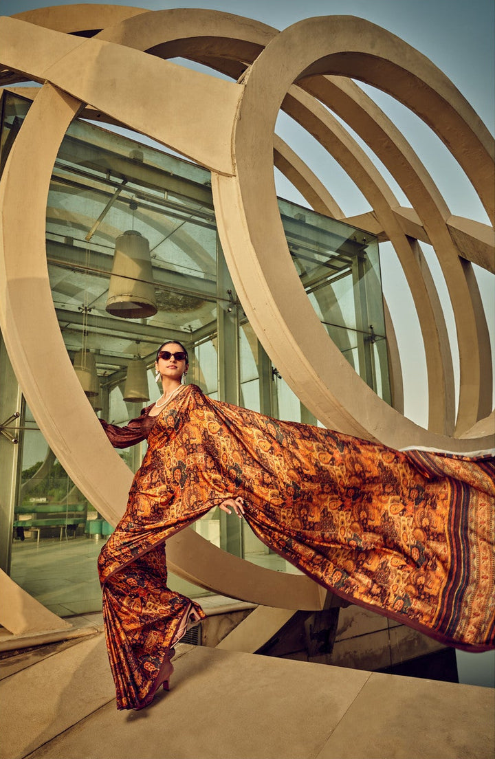 Elegant Brown Satin Crepe Silk Saree | Contemporary Indian Sadi for Events