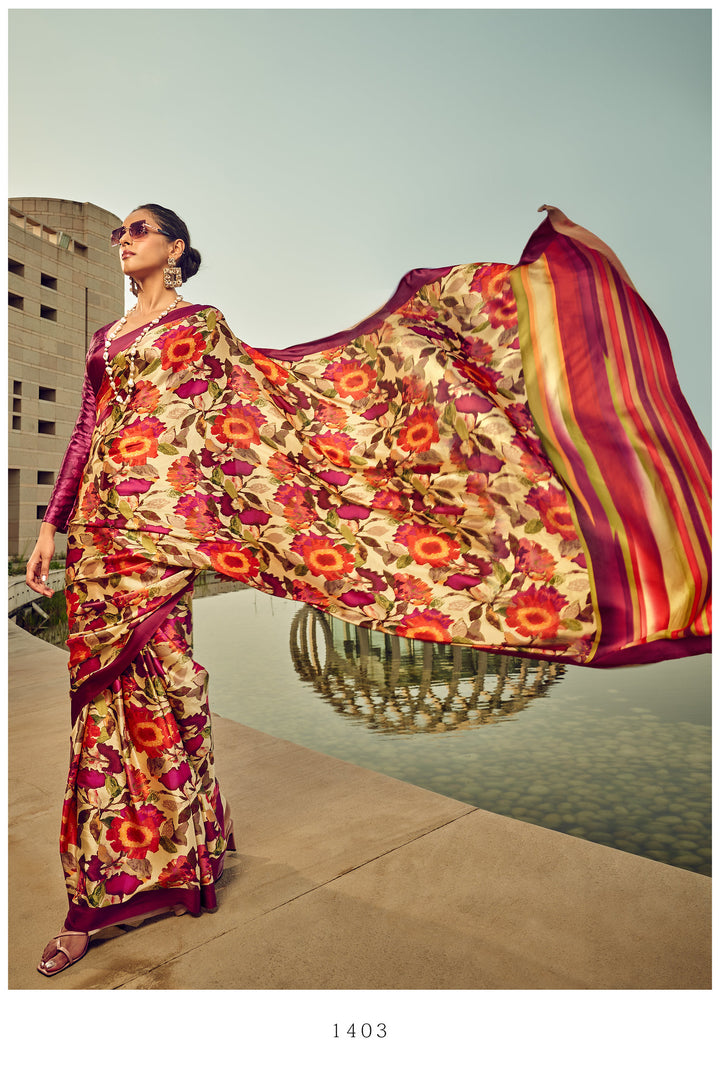Luxurious Multicolor Satin Crepe Silk Saree | Indian Saree for Festive Occasions