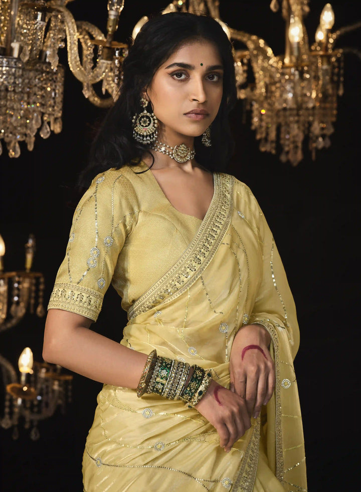 Designer Light Yellow Embroidered Saree for Wear
