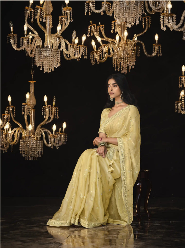 Designer Light Yellow Embroidered Saree for Wear