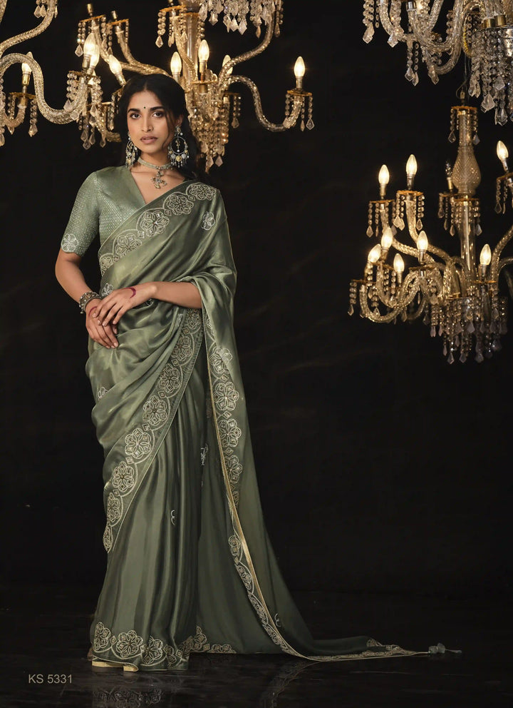Fancy Pastel Green Saree Heavy Embroidery Work for Weddings