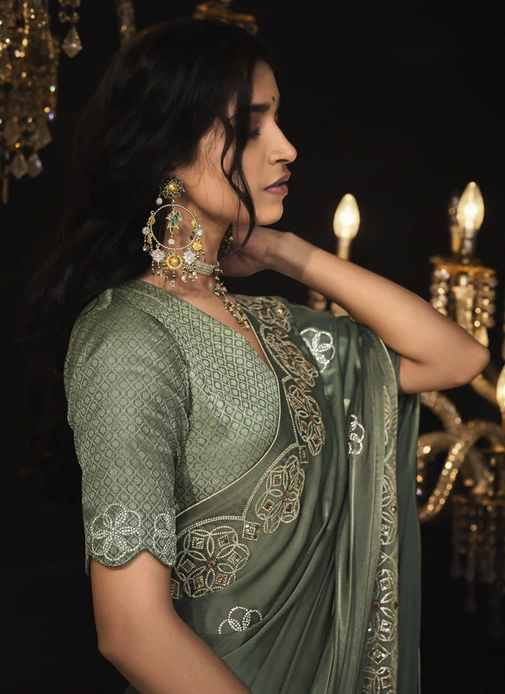 Fancy Pastel Green Saree Heavy Embroidery Work for Weddings