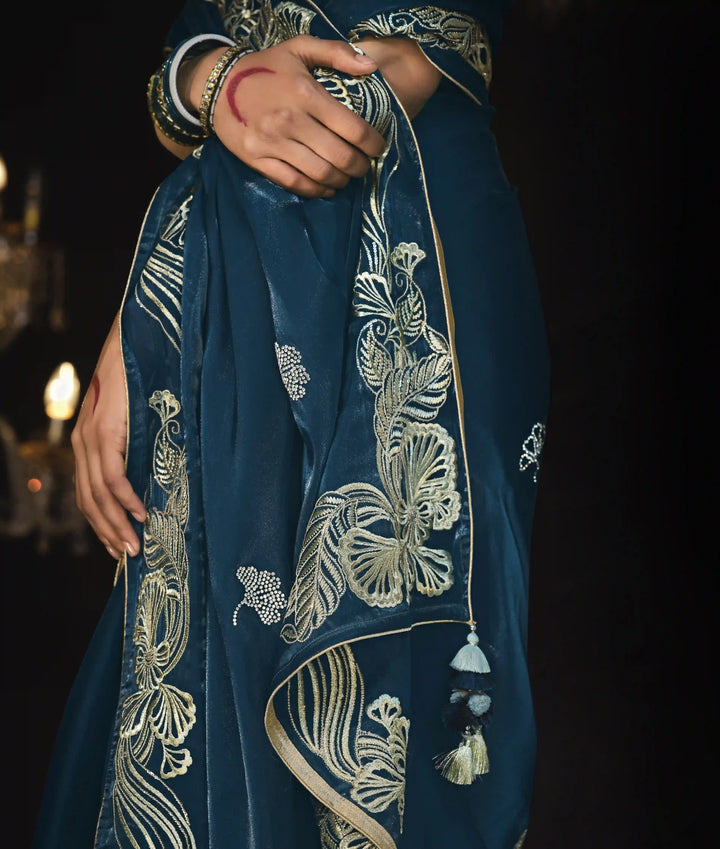 Designer Teal Blue Saree with Embroidery & Fancy Tassels for Party Wear