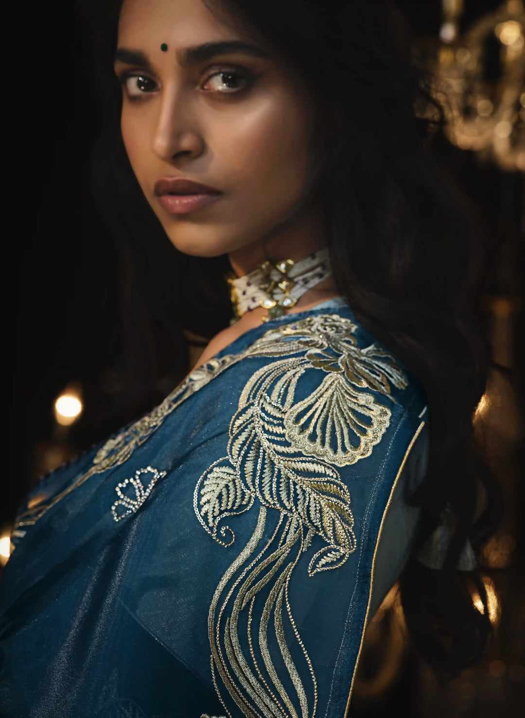 Designer Teal Blue Saree with Embroidery & Fancy Tassels for Party Wear
