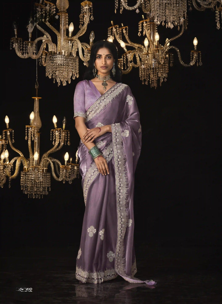 Designer Mauve Fancy Embroidered  Saree for Wedding Wear