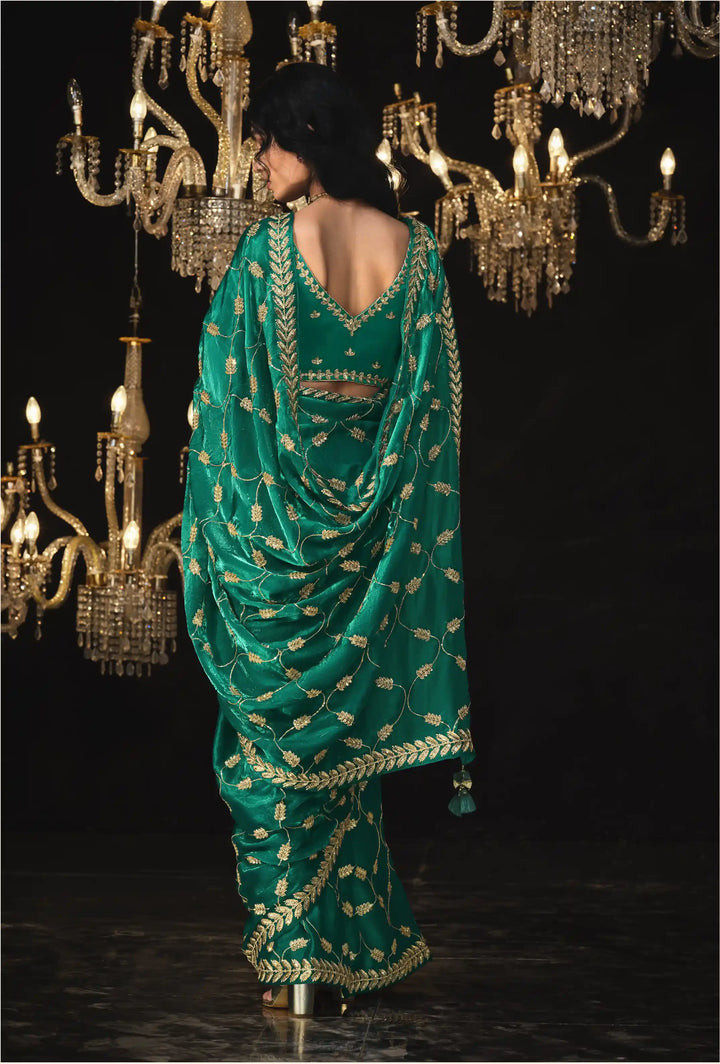 Rama Green Fancy Saree with Heavy Embroidery for Wedding Wear
