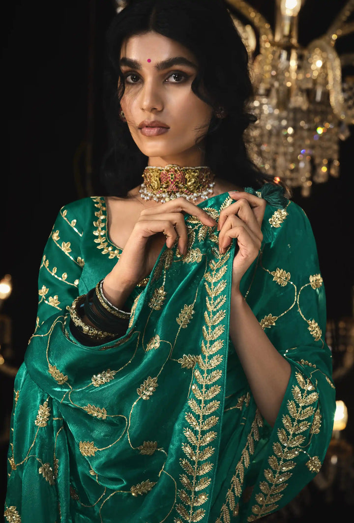 Rama Green Fancy Saree with Heavy Embroidery for Wedding Wear