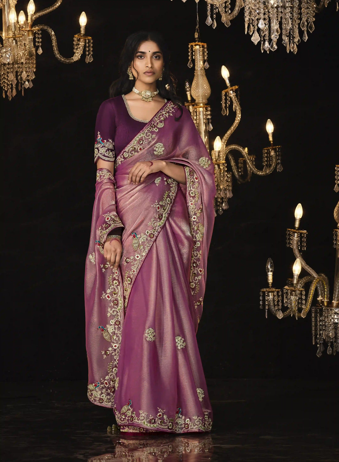 Pink Designer Saree with Heavy Border & Embroidered Blouse