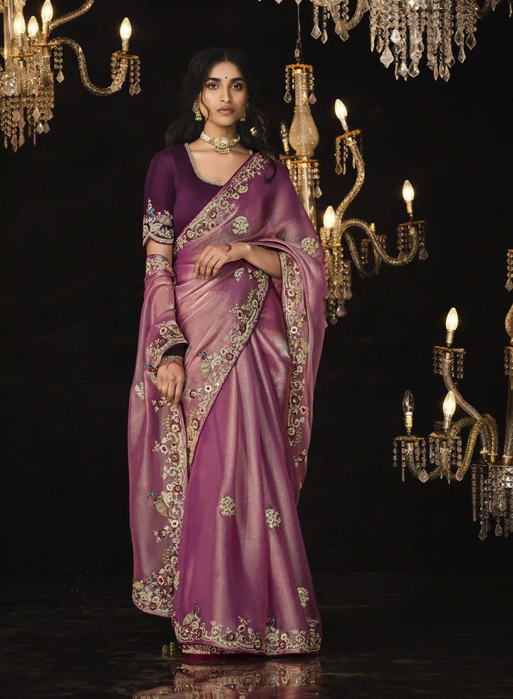 Pink Designer Saree with Heavy Border & Embroidered Blouse