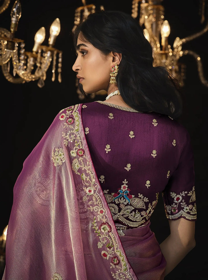Pink Designer Saree with Heavy Border & Embroidered Blouse