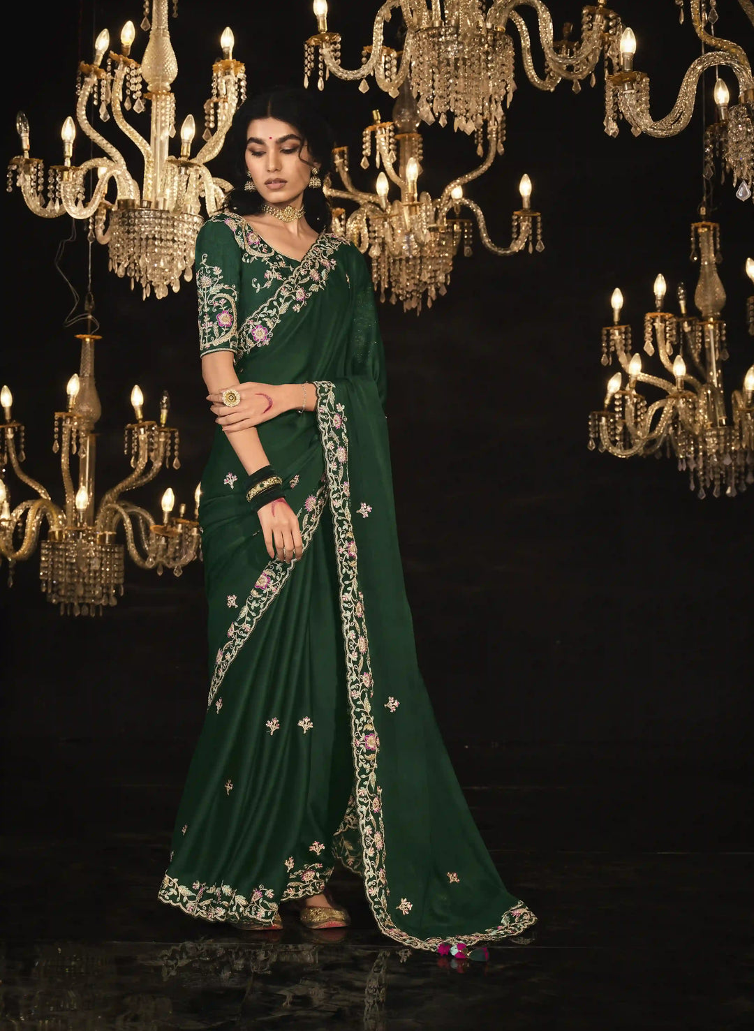 Elegant Green Embroidered Saree with Heavy Work for Wedding