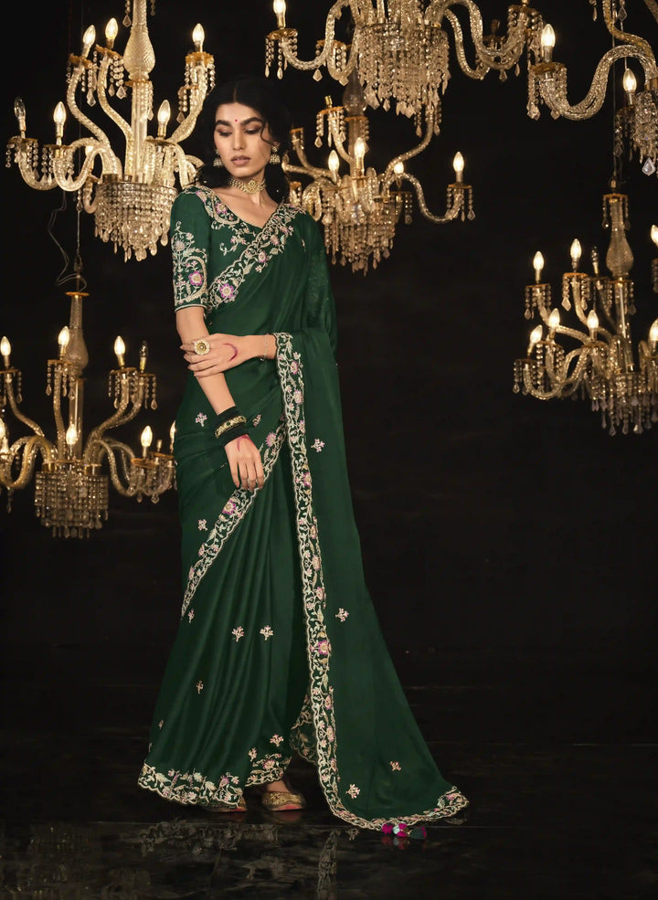 Elegant Green Embroidered Saree with Heavy Work for Wedding