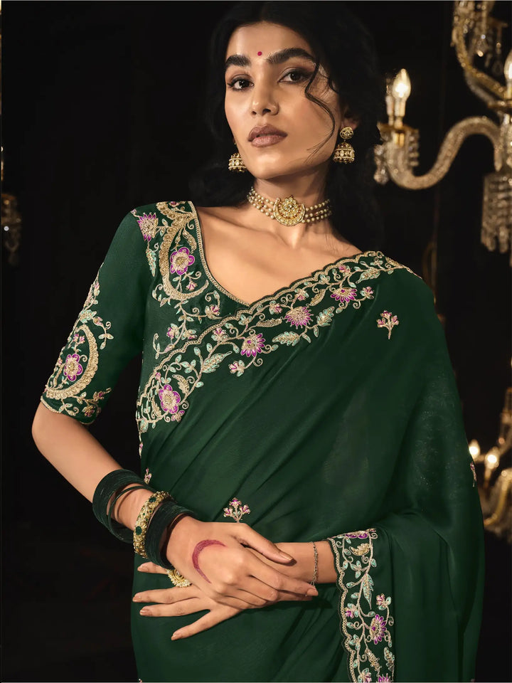 Elegant Green Embroidered Saree with Heavy Work for Wedding