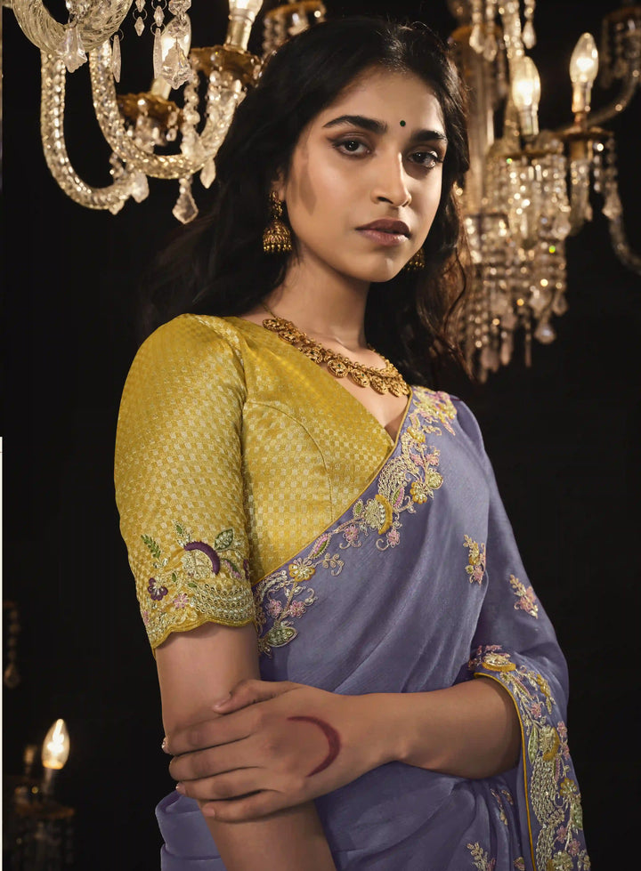 Lavender Fancy Saree with Heavy Embroidery Work for Weddings