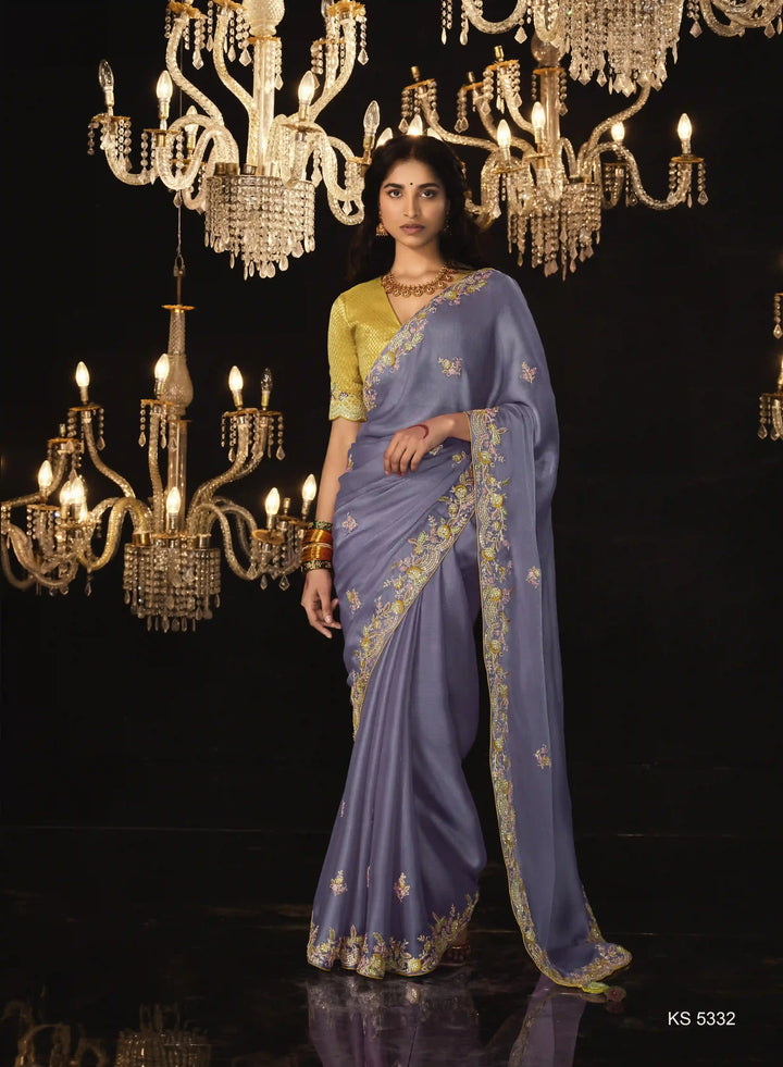 Lavender Fancy Saree with Heavy Embroidery Work for Weddings