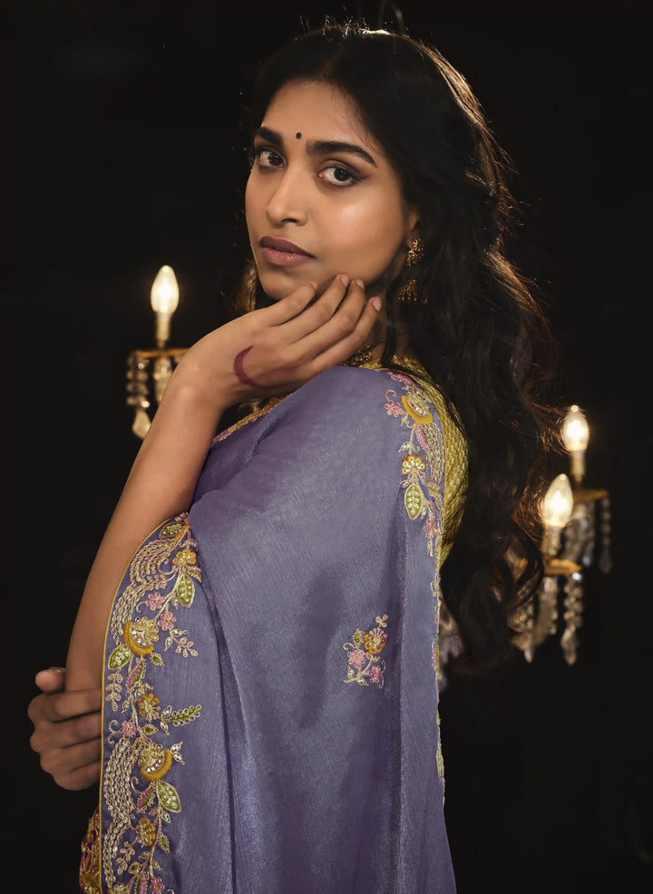 Lavender Fancy Saree with Heavy Embroidery Work for Weddings
