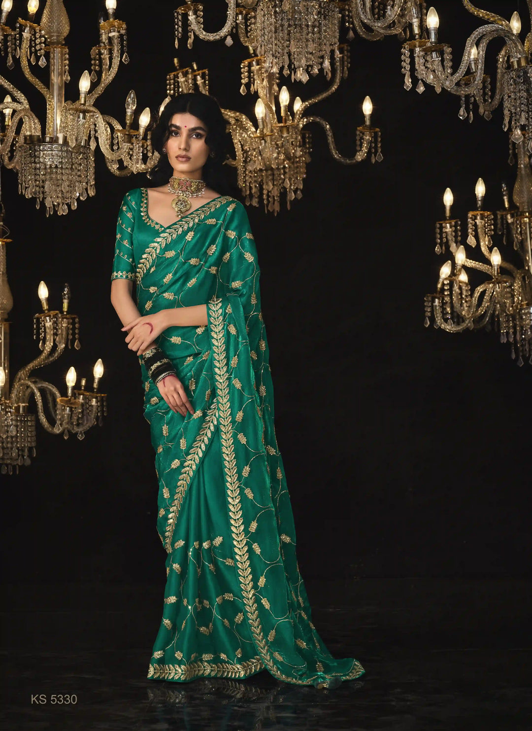Rama Green Fancy Saree with Heavy Embroidery for Wedding Wear