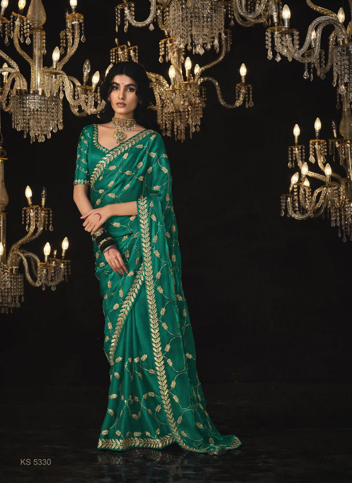 Rama Green Fancy Saree with Heavy Embroidery for Wedding Wear