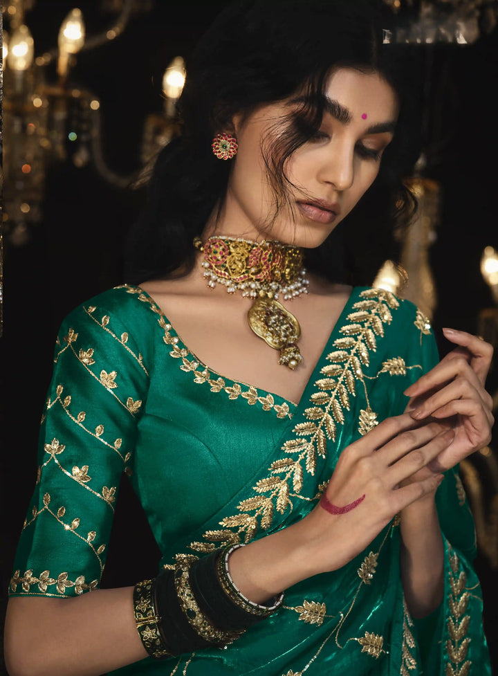 Rama Green Fancy Saree with Heavy Embroidery for Wedding Wear
