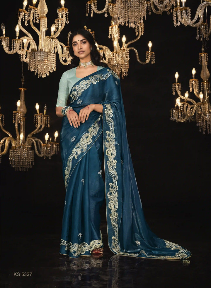 Designer Teal Blue Saree with Embroidery & Fancy Tassels for Party Wear
