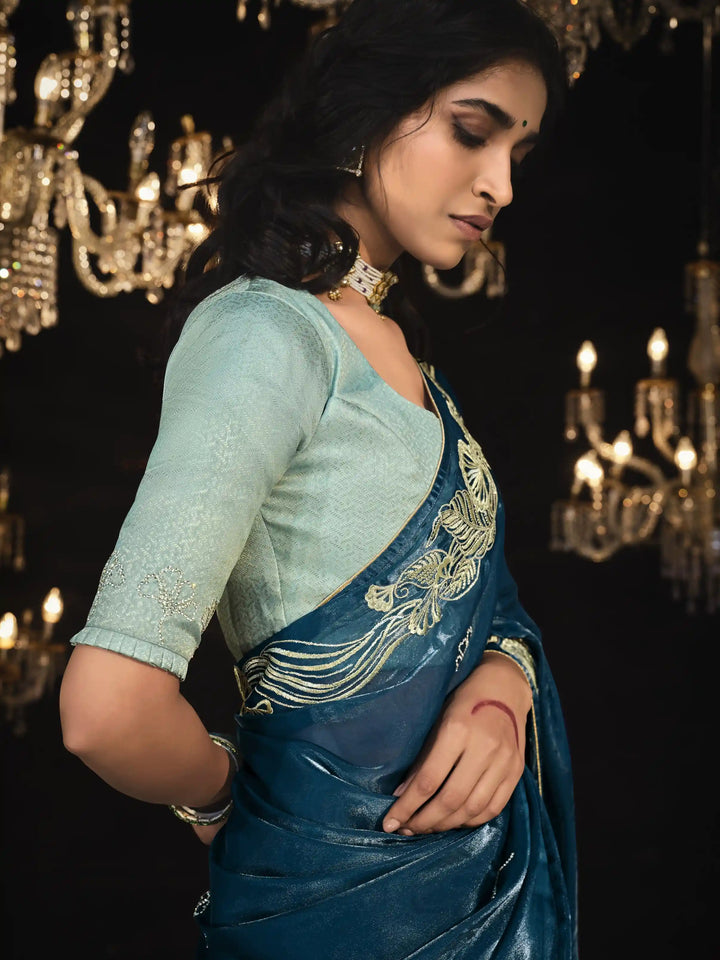 Designer Teal Blue Saree with Embroidery & Fancy Tassels for Party Wear