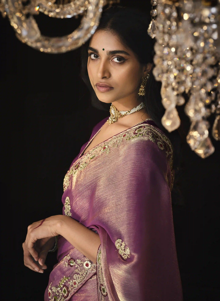 Pink Designer Saree with Heavy Border & Embroidered Blouse