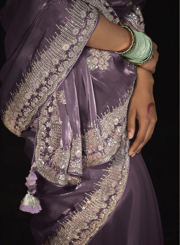 Designer Mauve Fancy Embroidered  Saree for Wedding Wear