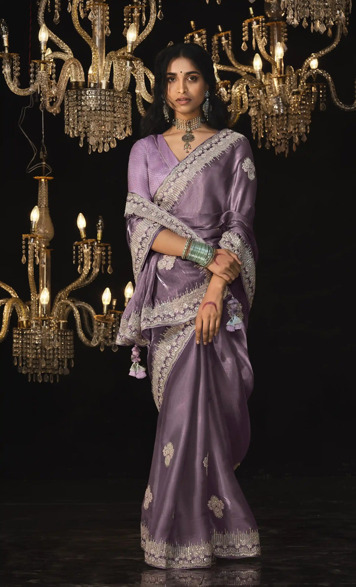 Designer Mauve Fancy Embroidered  Saree for Wedding Wear